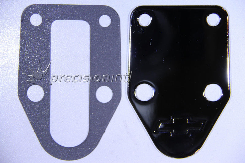 GM 12341998 SBC FUEL PUMP BLOCK OFF PLATE (CHROME) INC CHEV LOGO